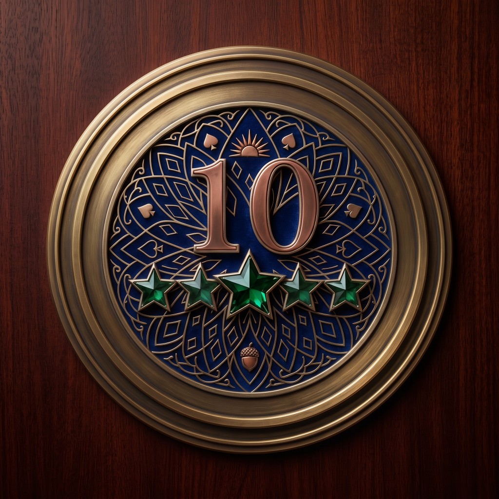 Bronze medallion with the number 10 and five stars on dark wood